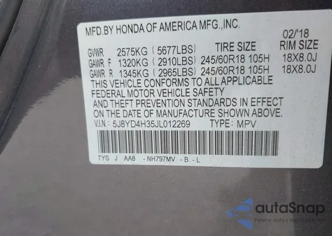 2018 Acura Mdx z USA, uszkodzony, nr VIN 5J8YD4H35JL012269